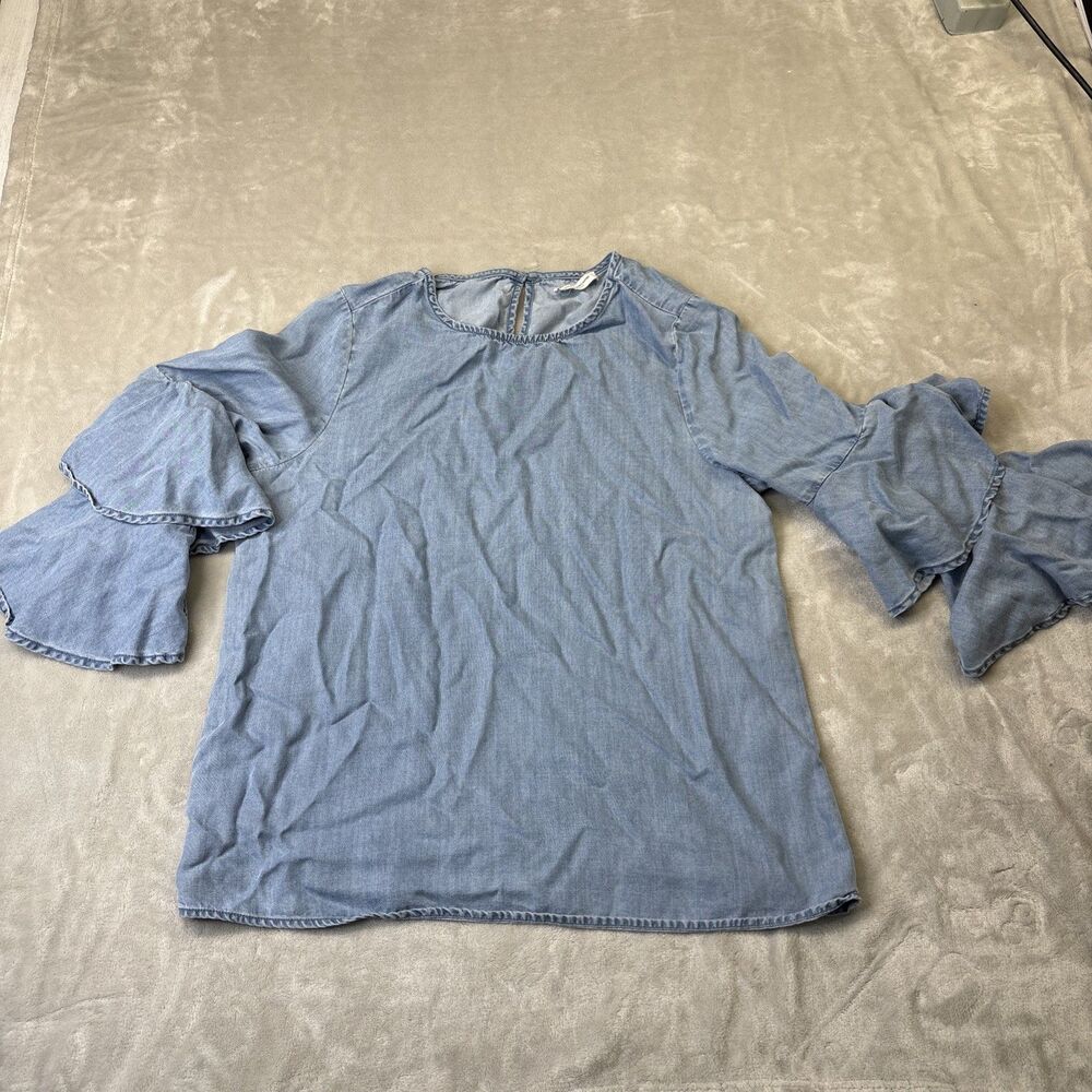 BLL Boho Blouse Feminine Chambray Women’s Bell 3/4 Sleeve Ruffles Soft Blue